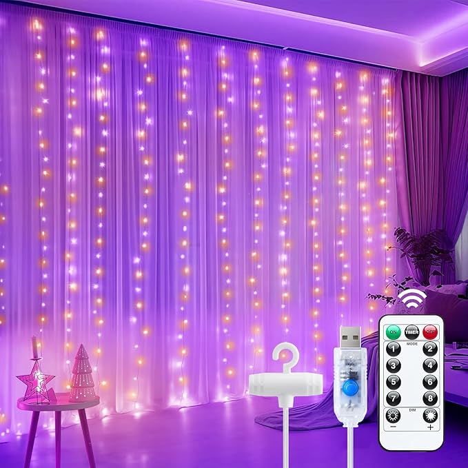 Minetom Curtain Lights, 300 LED Dimmable Fairy Lights with Remote and Timer, 8 Modes, USB Powered String Lights for Room Wall Party Xmas Indoor Decor, Purple & Orange