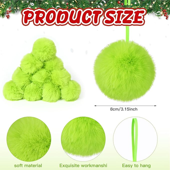 24 Pcs Lime Green Furry Christmas Ball Ornaments 3.15 Inch Xmas Tree Green Hanging Decorations Soft Faux Fur Pom Pom Ball Ornaments for Home Christmas Party Supplies Fireplace Mantel Wall Decor