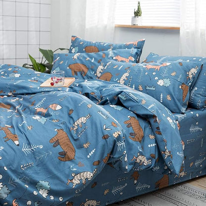 CLOTHKNOW Kids Queen Comforter Set 3Pcs Blue Animal Cartoon Bedding Comforter Sets Forest Fox Rabbit Comforter with 2 x Pillow Cases