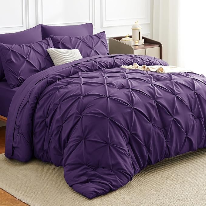 CozyLux Full Size Comforter Sets Purple, 7 Pieces Pintuck Bed in A Bag Purple Comforter Full Size, Pinch Pleat Bedding Sets with All Season Comforter, Sheets, Pillowcases & Shams