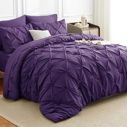 CozyLux Full Size Comforter Sets Purple, 7 Pieces Pintuck Bed in A Bag Purple Comforter Full Size, Pinch Pleat Bedding Sets with All Season Comforter, Sheets, Pillowcases & Shams