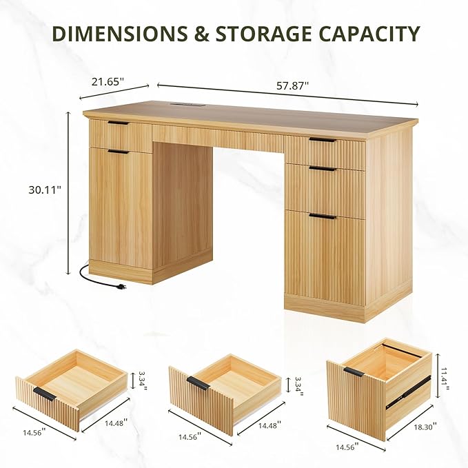 FURSUN 58" Fluted Modern Desk with Storage, Home Office Desk with 1 File Cabinet & 5 Drawers, Wood Executive Computer Writing Desk for Study, Living Room, Bedroom, Natural Oak