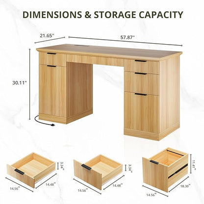FURSUN 58" Fluted Modern Desk with Storage, Home Office Desk with 1 File Cabinet & 5 Drawers, Wood Executive Computer Writing Desk for Study, Living Room, Bedroom, Natural Oak