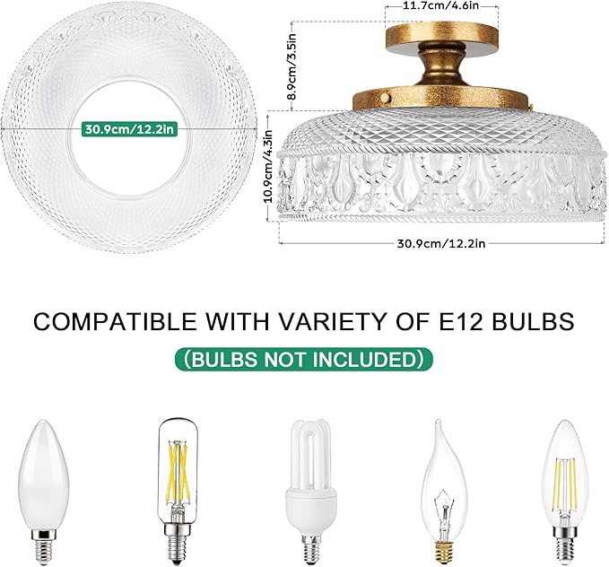 Lamomo Semi Flush Mount Ceiling Light, 3-Bulb Hallway Light Fixture, Antique Brass Gold Globe Glass Close to Ceiling Scone,Indoor Hanging Lantern for Bedroom Kitchen Porch Hallway,Bulbs Not Included