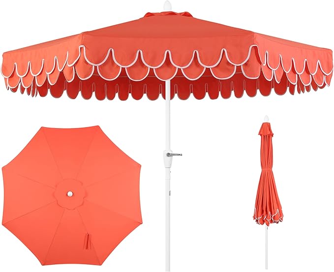 JONATHAN Y UMB1002F Tracy 9 ft. Classic MidCentury Scalloped Fringe Market Patio Umbrella with Auto-Tilt Crank, Wind Vent and UV Protection in Coral Red/White, White Pole