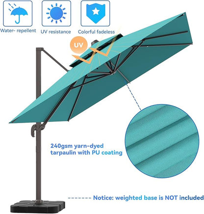 10x13FT Cantilever Outdoor Patio Umbrellas, Double Top Large Rectangle Umbrella, Heavy Duty 360° Rotation Offset Outdoor Sun Shade Umbrella for Garden Deck Pool Backyard, Turquoise