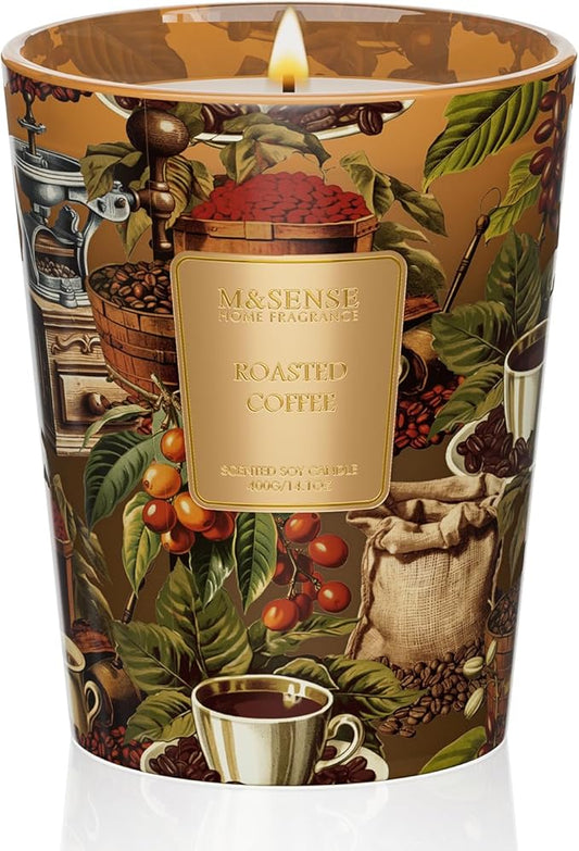 M&SENSE Roasted Coffee Scented Candle, Soy Natural Wax Fall Winter Candles, 14.1oz 60H Burn Time Slow Burning, Stress Relief Home Fragrance Housewarming Thanksgiving Christmas Gifts
