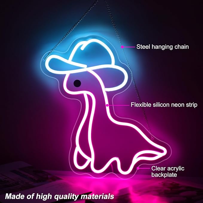 Cowboy Dinosaur Neon Sign, Dinosaur Wall Art, Personalized Gift, Kids Room Bedroom Decor, Neon Night Light