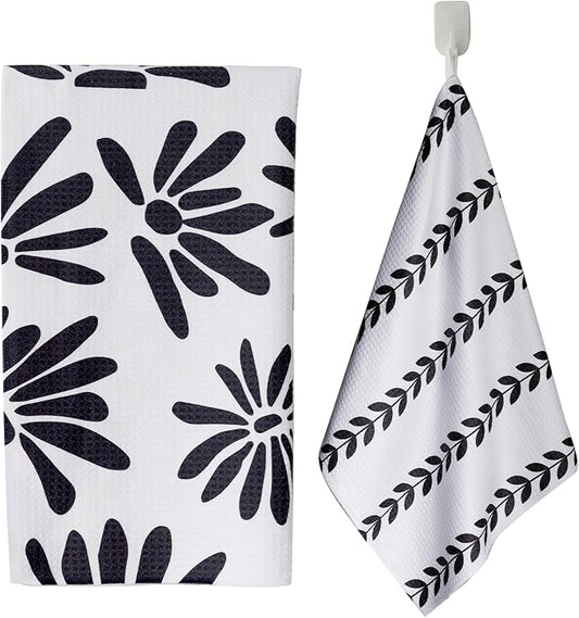 DIBALA Dish Towels Set of 2 Quick Dry Microfiber Kitchen Towels with Hanging Loop 18x30, Black White Daisy