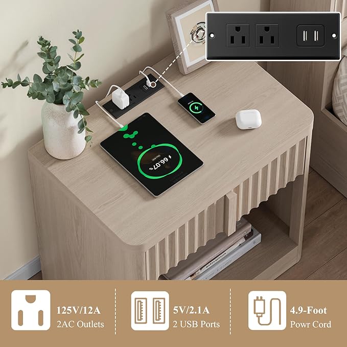 Fluted Nightstand Set of 2 with Charging Station, 23.6" Wood End Table with Solid Wood Handle, Curved Profile Design, Mid Century Moden Bedside Table for Bedroom, White Alder