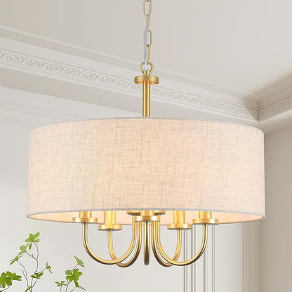 Drum Chandeliers for Dining Room, 5 Light White Drum Light Fixture Brass Round Chandelier with Linen Shades, 19" Fabric Pendant Light Gold Farmhouse Chandelier for Living Room Kitchen Bedroom Foyer