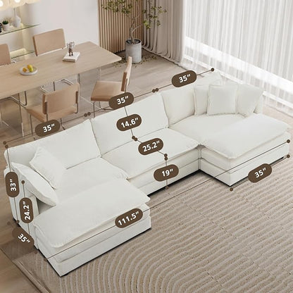 SoarFlash Chenille Sectional Sofa, Comfy L Shaped Modular Coush Sofa with Ottoman, Modern 3 Seat Couch Deep Seat Sofa Set for Living Room,White