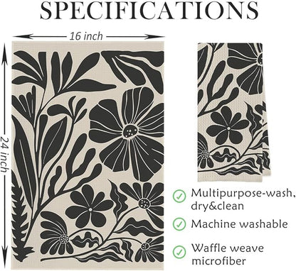 Boho Floral Dish Towels Vintage Abstract Flowers Waffle Weave Black
