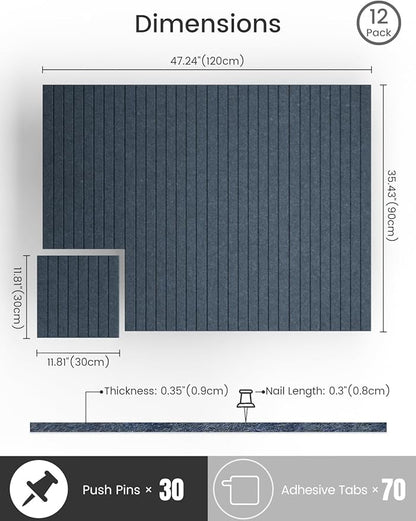 Bumusty Large Cork Board Alternative-47 x35 Felt Bulletin Board Tiles, with 30 Pushpins, 70 Adhesive Tabs, 12-Pack Slat Wall Paneling, Cork Boards for Office Push Pin Board Felt Board-Denim Blue