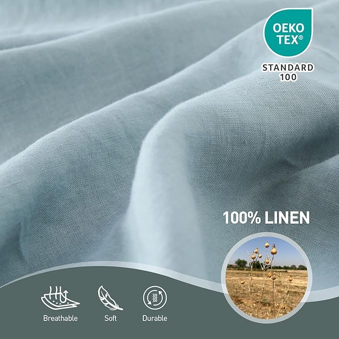 Simple&Opulence 100% Linen Duvet Cover Set, Natural French Flax Dusty Blue Duvet Cover Twin Size, Breathable Soft Comfy Linen Bedding Comforter Cover with 1 Pillowcase(Dusty Blue, 68"x86")