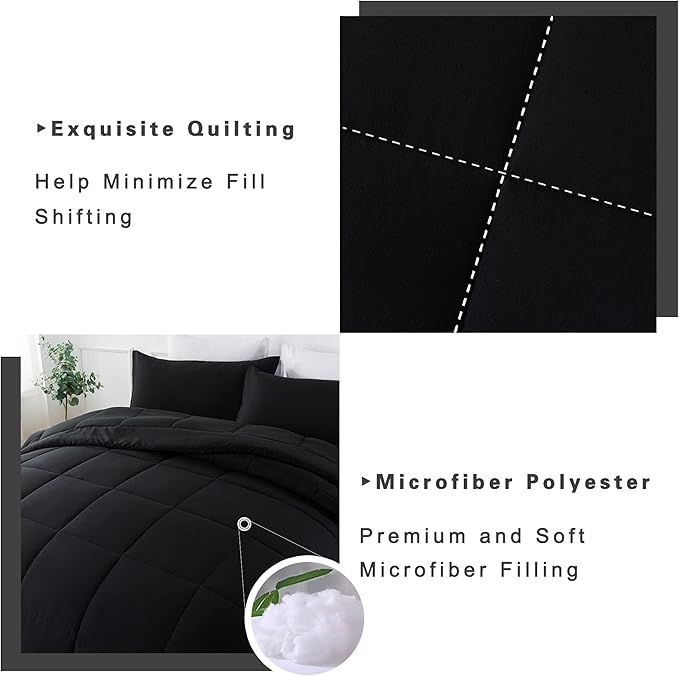 DOWNCOOL Twin Comforter Set -All Season Bedding Comforters Sets with 1 Pillow Case -2 Pieces Bed Set Down Alternative Comforter Set -Black Twin Bedding Sets(64"x88")