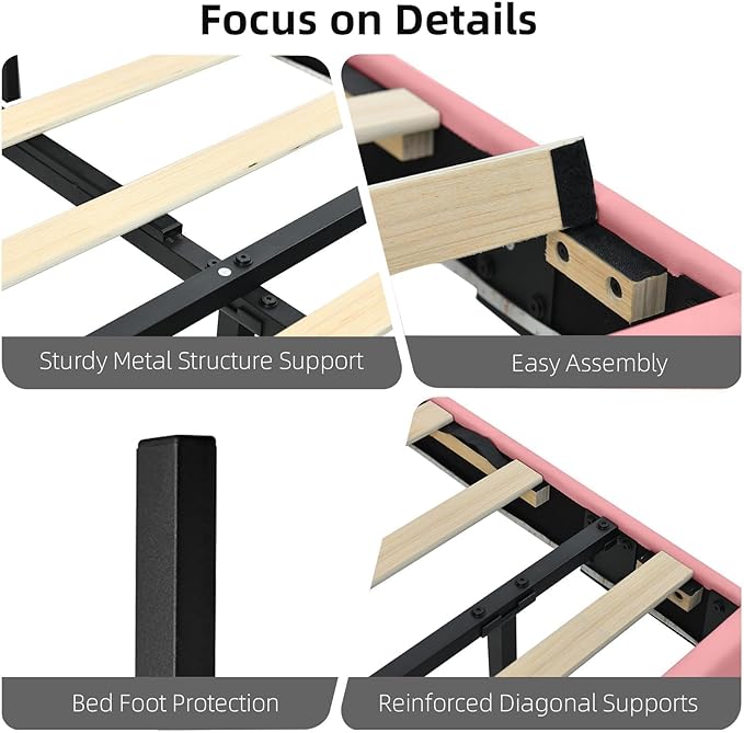 HOMBCK Floating Bed Frame King with Smart LED Lights, Faux Leather Upholstered Bed with Diamond PU Headboard, No Box Spring Needed, Noise-Free, Easy Assembly, Pink