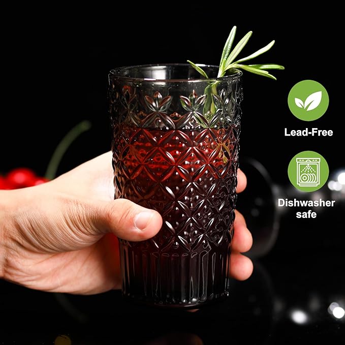 Grey Drinking Glasses Set of 12, 14 Oz Highball & 10 Oz Cocktail Glasses, Grey Kitchen Vintage Glassware Set, Floral Embossed Glass Tumbler Cups for Juice, Whiskey, Water, Beer, Coffee