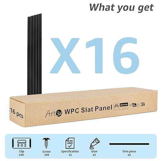 Art3d WPC Wainscoting Panels, 16-Pack 48 x 6 Inch 3D Wall Accents for Interior Wall Decor, Living Room, Bedroom, Black