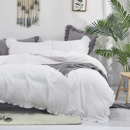 Pureant White Ruffle Comforter Set King Boho White Lace Bedding Comforter Vintage Farmhouse Comforter Women Girls Solid White Shabby Chic Bed Quilts Plain White Lightweight Fluffy Ruffled Fringe Bed