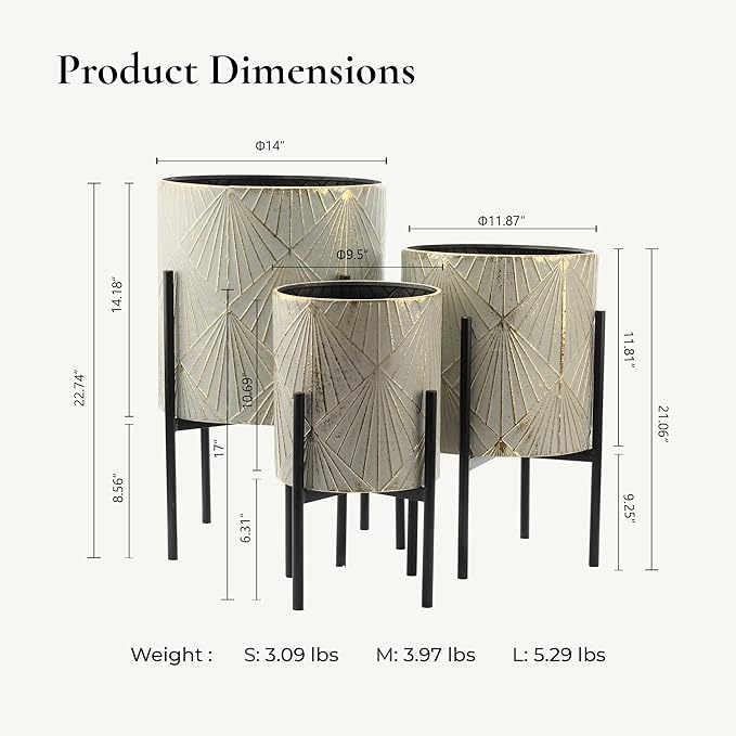 LuxenHome Planters for Indoor Plants, Set of 3 Floor Plants Pots with Stands, Modern Decorative Metal Flower Pots, Distressed Gray and Gold Cachepot Planters, 9.5", 11.87", 14" Inch
