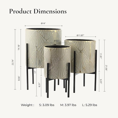 LuxenHome Planters for Indoor Plants, Set of 3 Floor Plants Pots with Stands, Modern Decorative Metal Flower Pots, Distressed Gray and Gold Cachepot Planters, 9.5", 11.87", 14" Inch