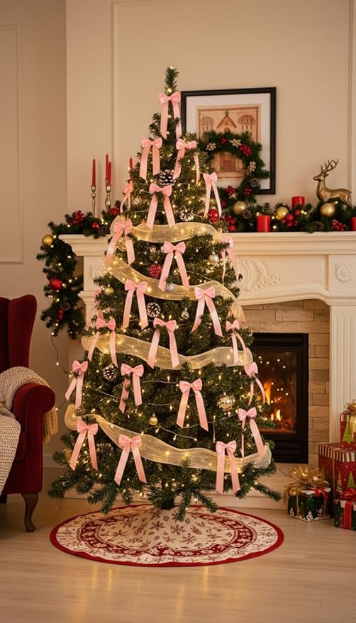 AYGXU 24pcs Twist Tie Bows,Christmas Bow,Pink Bows for Christmas Tree Decorations,Double-Sided Ribbon Bow Decorations for Christmas Party,Bag Ties Twists