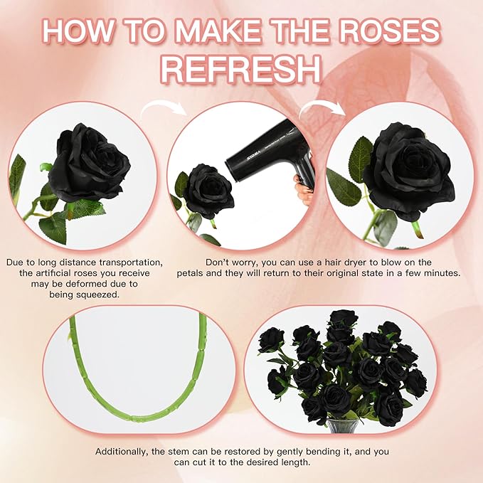 Nubry 50pcs Artificial Silk Roses Bulk,Fake Roses Flower with Stems Realistic Flowers for Wedding Centerpiece Home Party Decor(Black)