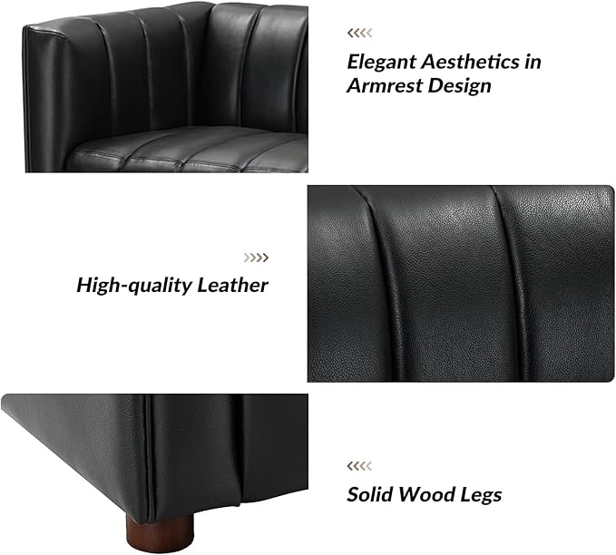 HULALA HOME 83" Genuine Leather Sofa with Channel Tufted Design, 3-Seater Sofa for Living Room Bedroom, Modern Oversized Couch with Wood Legs, Black