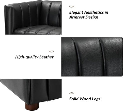 HULALA HOME 83" Genuine Leather Sofa with Channel Tufted Design, 3-Seater Sofa for Living Room Bedroom, Modern Oversized Couch with Wood Legs, Black
