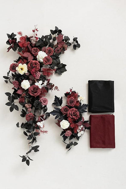 Ling's moment Black Red Artificial Wedding Arch Flowers Kit Pack of 4, 2pcs Hanging Flower Arrangement 2pcs Chiffon Drapes Ceremony Reception Fake Rose Arbor Backdrop Floral Party Outdoor Decorations