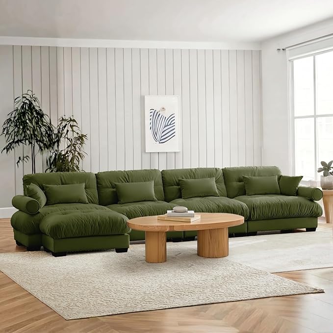 SoarFlash Sectional Couches for Living Room, L Shaped Sofa Couch with Velvet Fabric, 4 Seat Modern Sofa with Ottoman, Removable Pillows for Apartment, Green