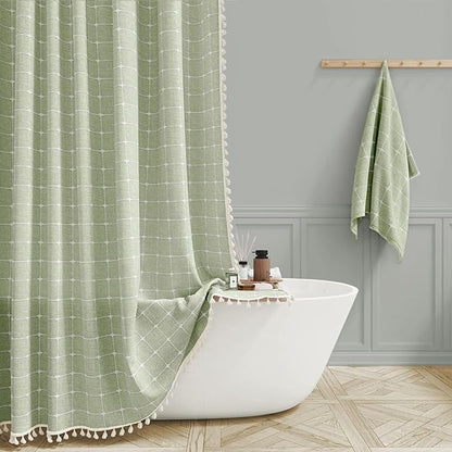 BTTN 78 Inch Long Shower Curtain - Boho Farmhouse Linen Ultra Thick Fabric Shower Curtain Set with Plastic Hooks, Tall Rustic Country Luxury Cloth Shower Curtains for Bathroom Decor, Sage Green, 72x78