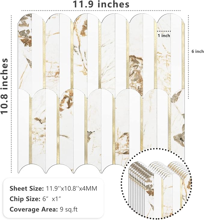 Vamos Tile Peel and Stick Backsplash Seamless Tile,10 Sheets Stick on Backsplash for Kitchen and Bathroom, 12''x12'' White Marble Look PVC Mixed Metal Gold Self Adhesive Fish Scale Mosaic Wall Tiles