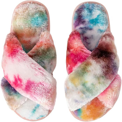 Women's Slipper Memory Foam Cross Band Fuzzy Slippers Open Toe Cozy House Slippers Cozy Plush Bedroom Indoor Outdoor