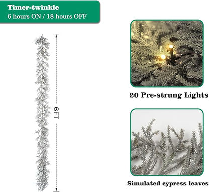6 FT Silver Artificial Christmas Garland, Faux Spruce Evergreen Garland with 20 LED Lights, Lighted with Timer, Perfect for Christmas Indoor Outdoor Decoration