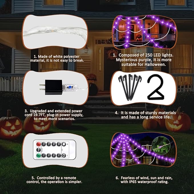 Halloween Decorations Outdoor, Spider Web Lights 250 LED Lighted Spider Web 16.4Ft Giant Halloween Decorations Light up, 8 Lighting Modes Waterproof & Timer for Indoor Haunted House Yard Decor, Purple