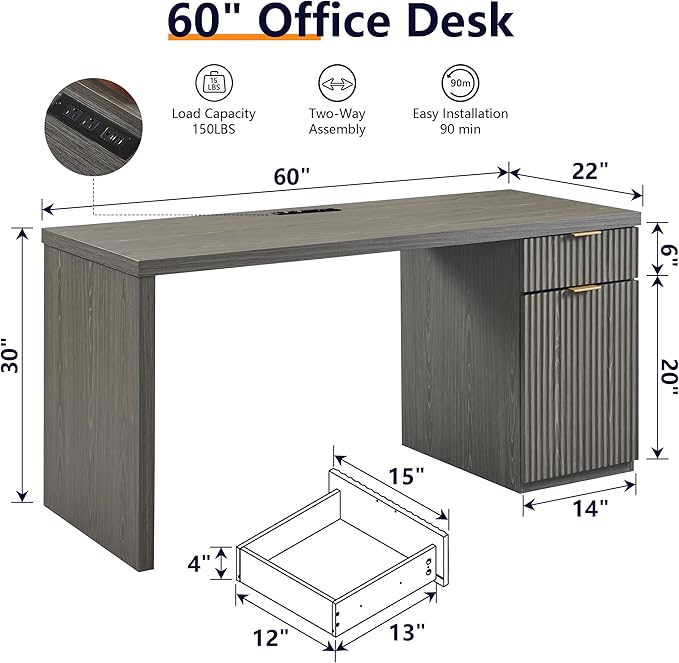 JXQTLINGMU 60" Modern Executive Desk with Storage, Wood Home Office Desk with Drawer & Cabinet, Fluted Computer Writing Desk for Study, Work, Living Room, Bedroom, Grayish Green