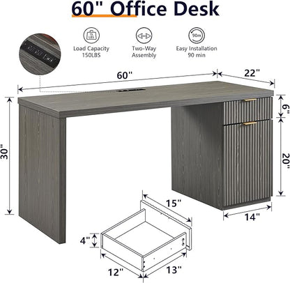 JXQTLINGMU 60" Modern Executive Desk with Storage, Wood Home Office Desk with Drawer & Cabinet, Fluted Computer Writing Desk for Study, Work, Living Room, Bedroom, Grayish Green
