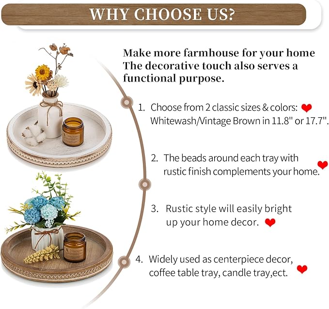 Hanobe Decorative Serving Tray Round: Brown Beaded Trays for Rustic Wooden Decor Farmhouse Vintage Centerpiece for Living Room Kitchen Counte