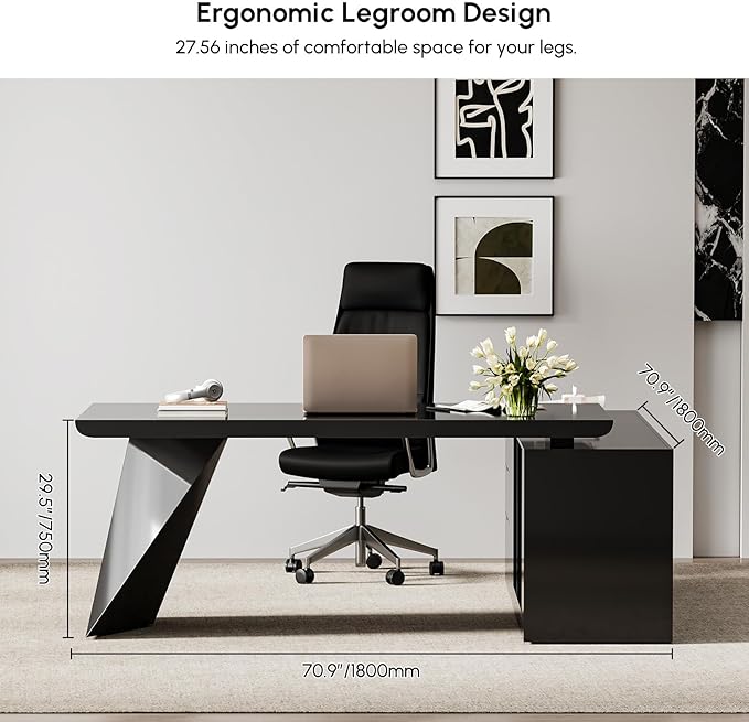 homary 70.9" Modern L-Shape Executive Desk, Home Office Desk with Drawers & Cabinet Modern Computer Desk for Home Business Furniture, Black, Left Hand