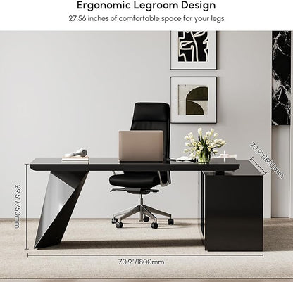 homary 70.9" Modern L-Shape Executive Desk, Home Office Desk with Drawers & Cabinet Modern Computer Desk for Home Business Furniture, Black, Left Hand