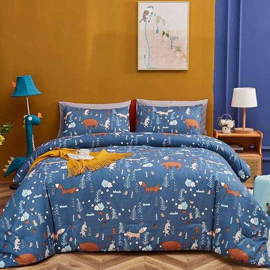 CLOTHKNOW Kids Comforter Sets Twin/Twin XL Blue Animal Woodland Bedding Comforter Sets Cartoon Forest Fox Rabbit Comforter with 2 x Pillow Cases
