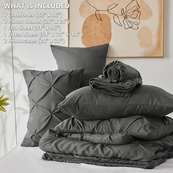 CozyLux Full Size Comforter Sets Dark Grey, 7 Pieces Bed in A Bag Dark Gray Comforter Full Size, Pinch Pleat Bedding Sets with All Season Comforter, Sheets, Pillowcases & Shams