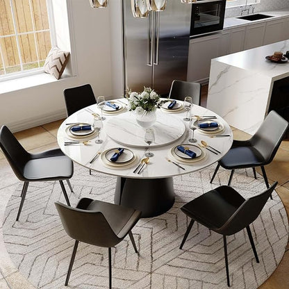 POVISON Round Dining Table for 6 with Lazy Susan, 59" Modern Round Dining Room Table, Glossy White Sintered Stone Tabletop with Black Carbon Steel Pedestal (Dining Table Only)