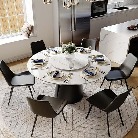 POVISON Round Dining Table for 6 with Lazy Susan, 59" Modern Round Dining Room Table, Glossy White Sintered Stone Tabletop with Black Carbon Steel Pedestal (Dining Table Only)