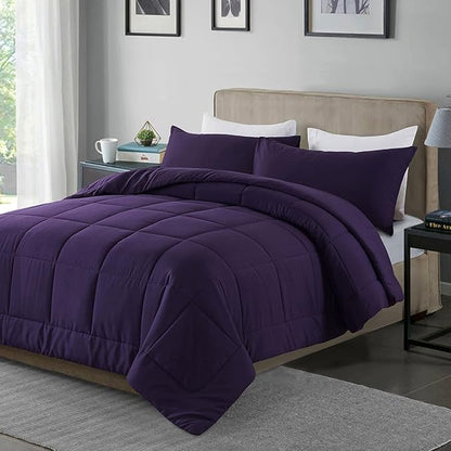DOWNCOOL Full Size Purple Bedding Comforter Set - All Season Down Alternative Quilted Comforter with 2 Pillowcases - 3 Pieces Set