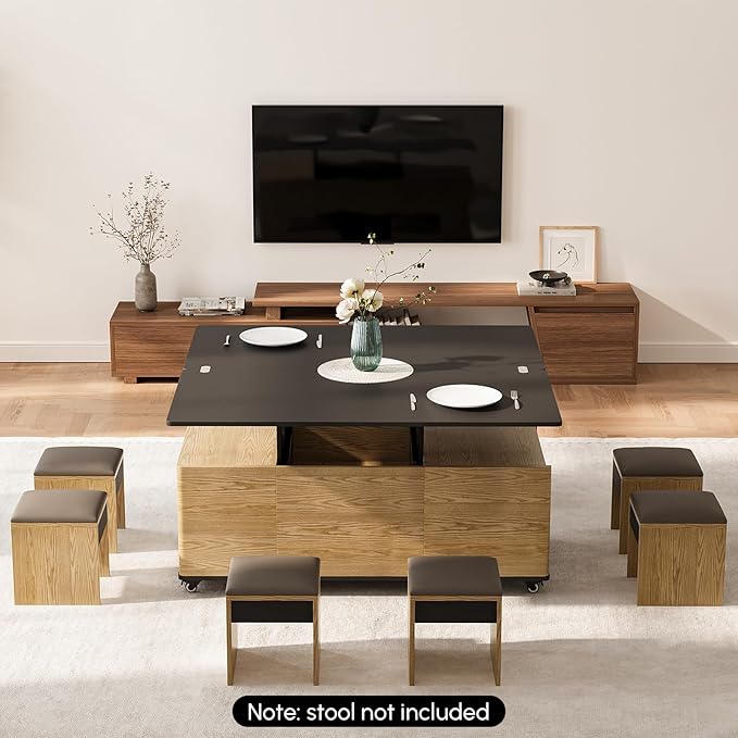 homary Modern 47" Lift-Top Coffee Table, Black & Walnut with 3 Drawers, 2 Open Storage Compartments, Hidden Cabinet, Convertible Dining Office Table for Living Room Small Spaces