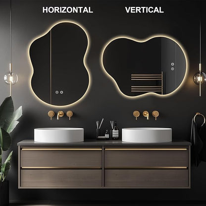 35"x25" Asymmetrical LED Vanity Mirror for Bathroom with Front & Backlit, Anti-Fog, 3 Light Colors, Dimmable, Wall-Mountable [Horizontal/Vertical]