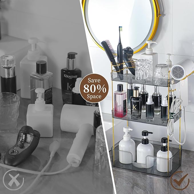 YCIA&DONE Bathroom Counter Organizer, Large Makeup Organizer Countertop, Shelf Storage, Vanity Easily Assemble for Bathroom Organizers and Storage, Undersink, Cabinet, 3 Tiers Grey